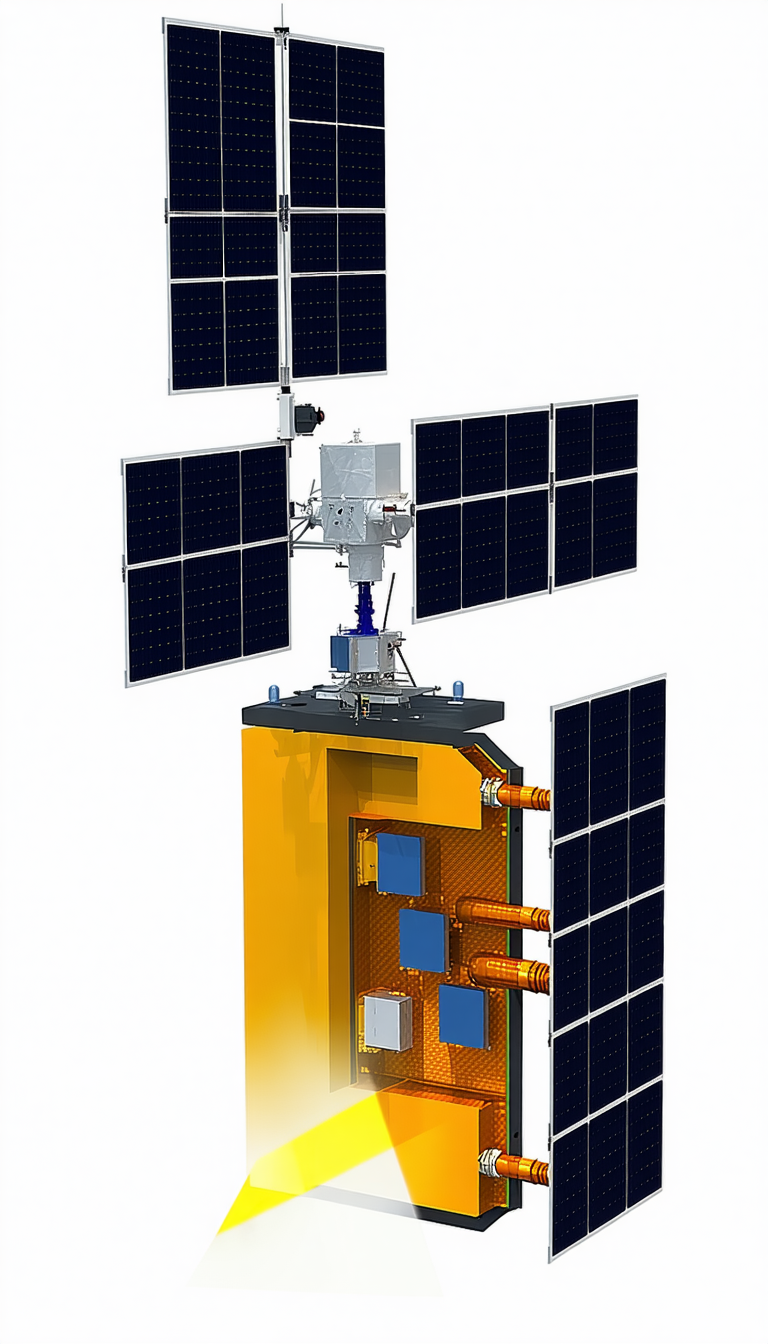 A Spacecraft Is Shown In A White Background, With A Large Satellite Dish On The Side