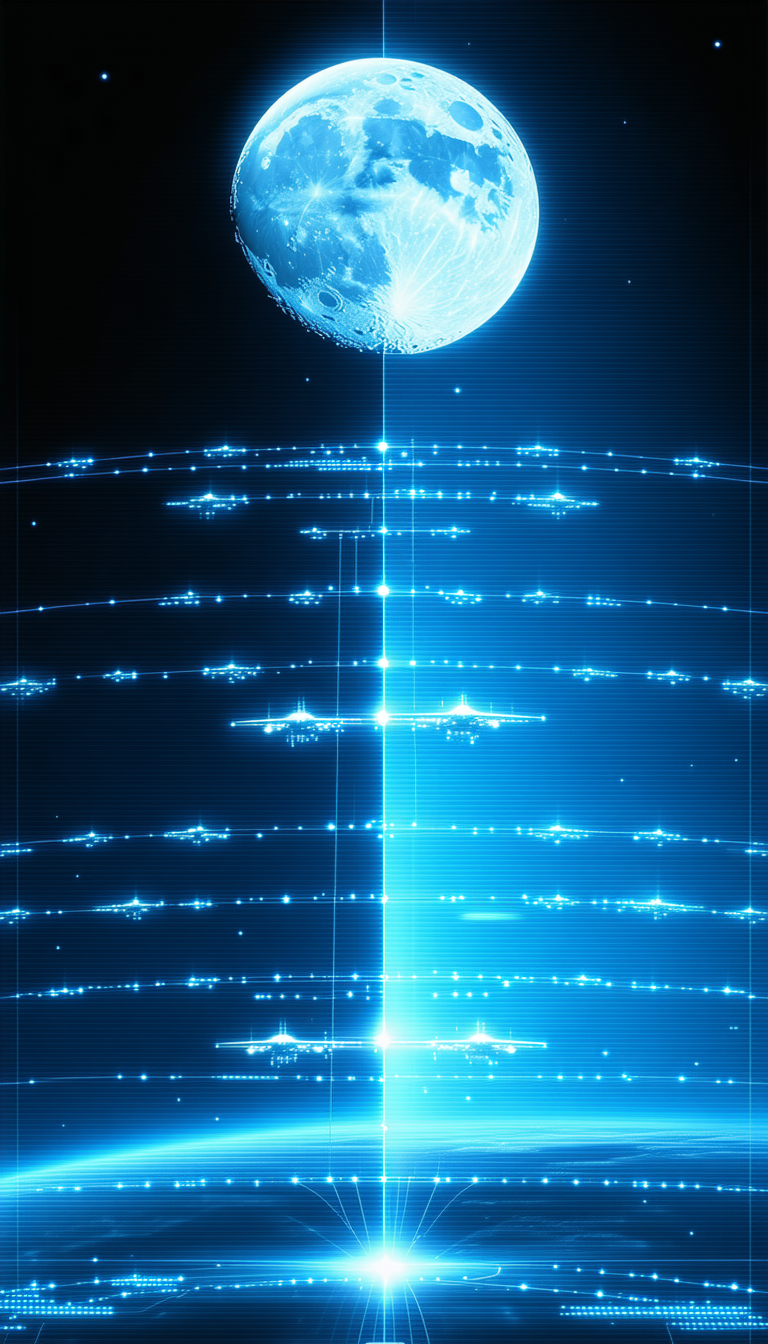 A Large, Blue, And White Spacecraft With A Moon In The Background