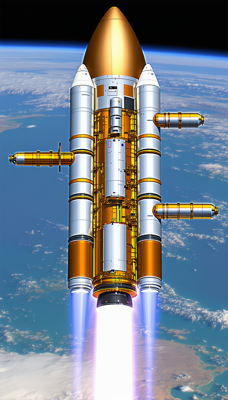 A Space Shuttle Is Shown In A Close-up View, With Its Engines Lit Up