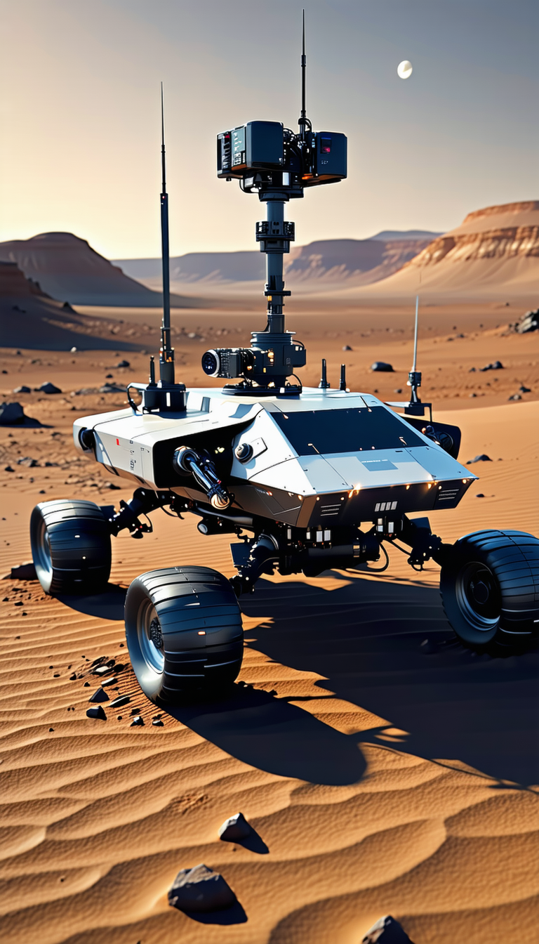 A Robotic Vehicle Is Sitting On A Sandy Surface, Possibly A Desert