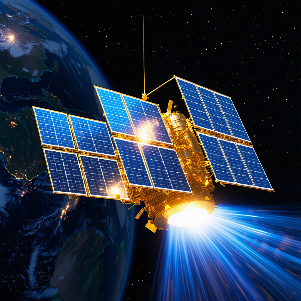 A Spacecraft With A Large Solar Panel On Its Side, Flying Through The Sky