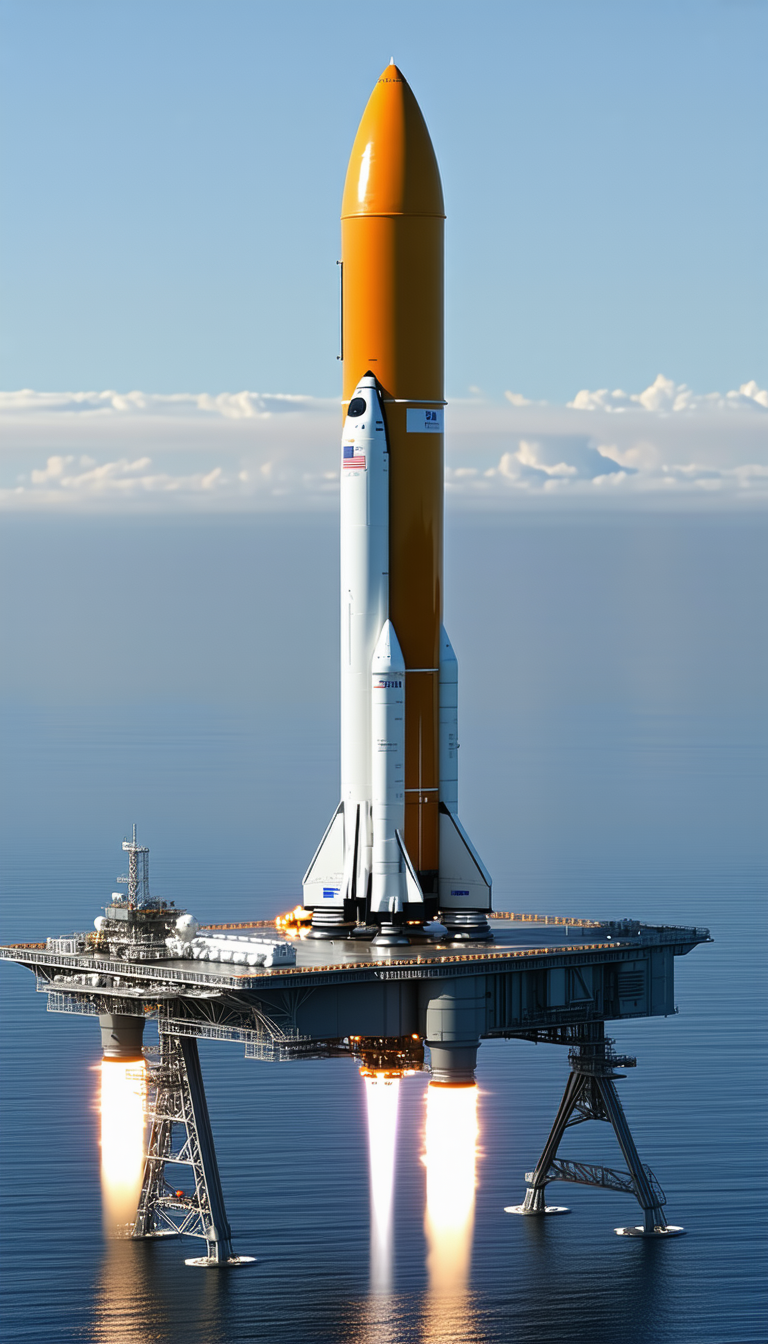 A Large Space Shuttle Docked On A Floating Platform In The Ocean