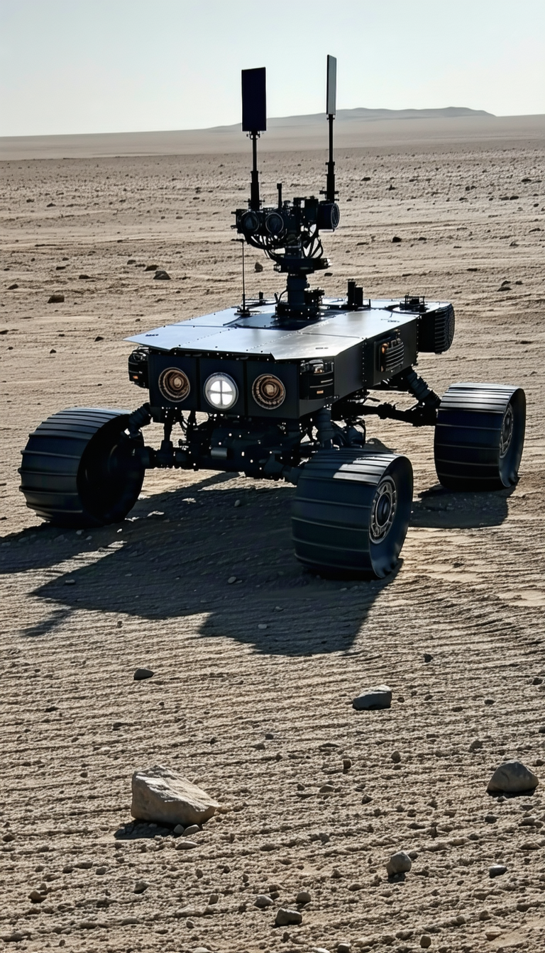 A Robotic Vehicle Is Sitting On A Dirt Field