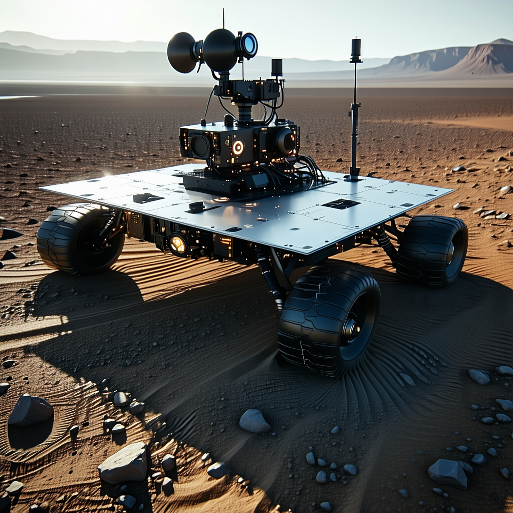 A Large Robotic Vehicle With A Flat Top, Sitting On A Rocky Surface