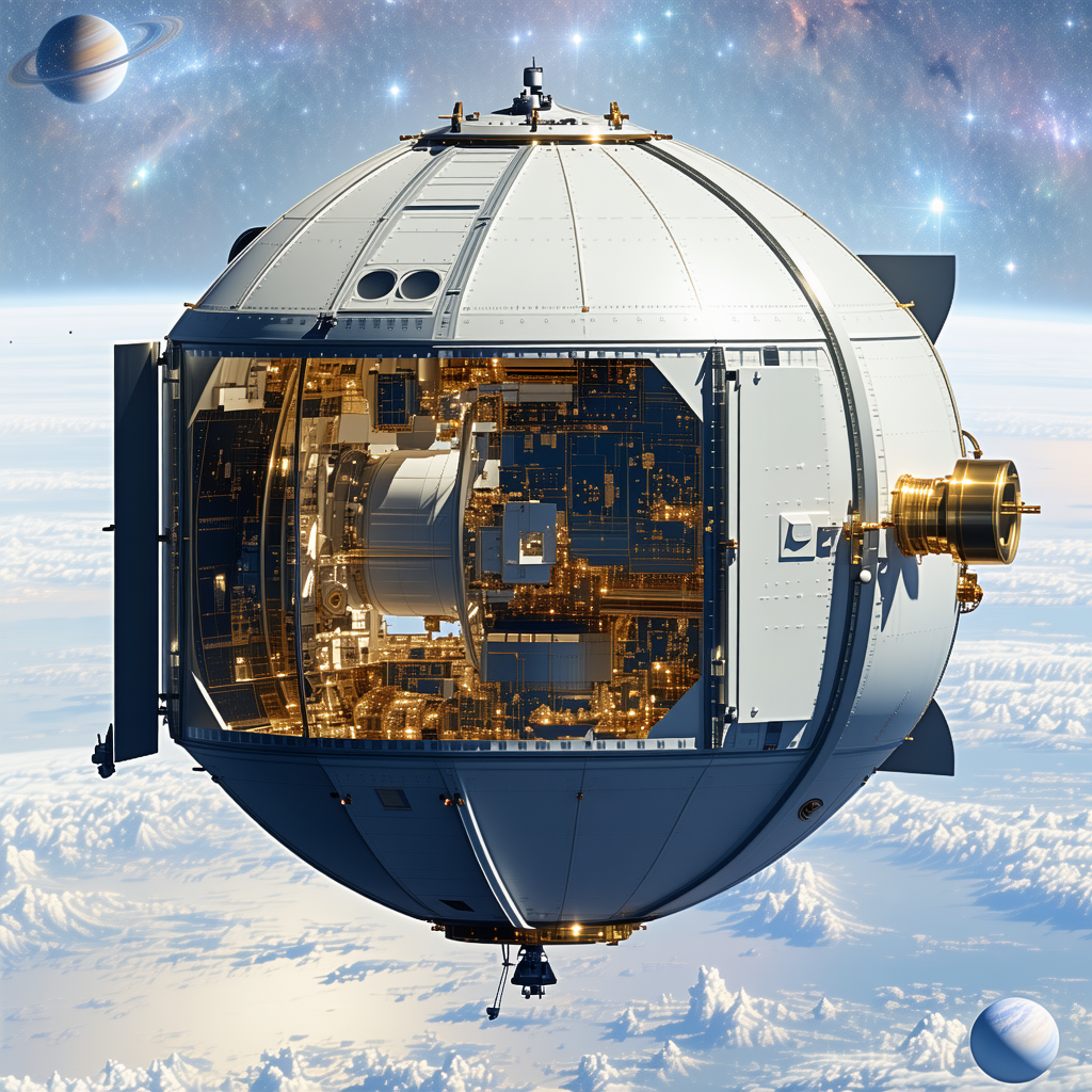 In The Image, There Is A Large, Round Spacecraft Floating In The Sky