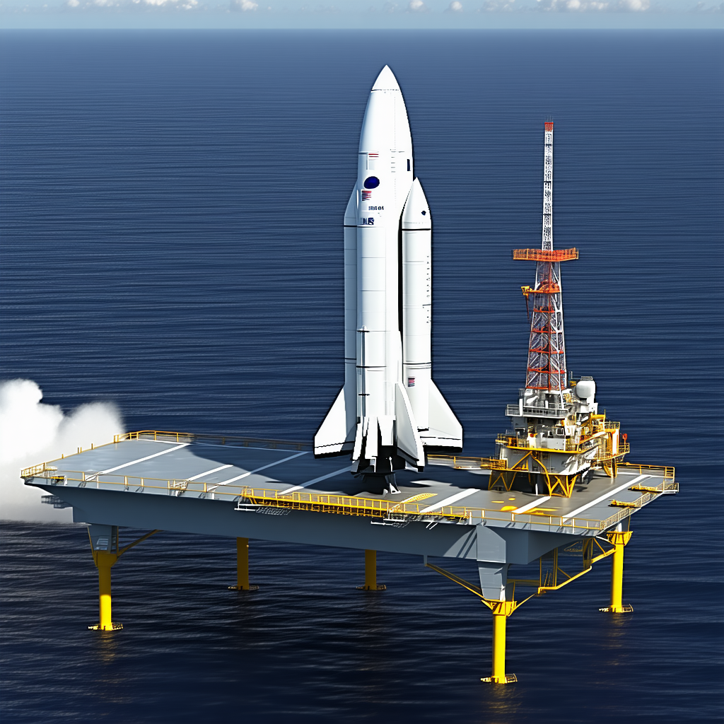 A Large White Space Shuttle Docked On A Floating Platform In The Ocean