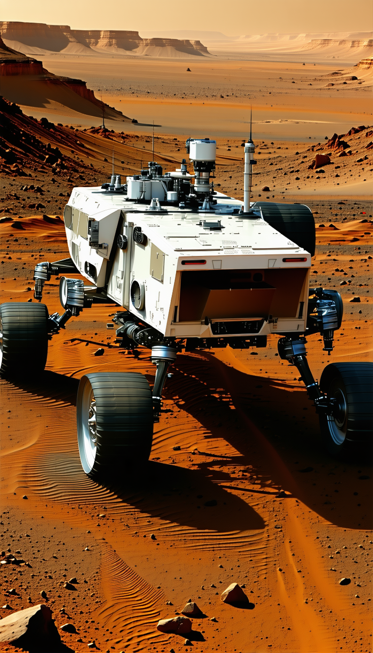 A White Robotic Vehicle With A Large Grill, Driving On A Dirt Road