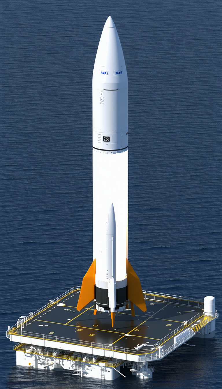 A Large White Rocket Ship, Possibly A Space Shuttle, Sitting On A Platform In The Ocean