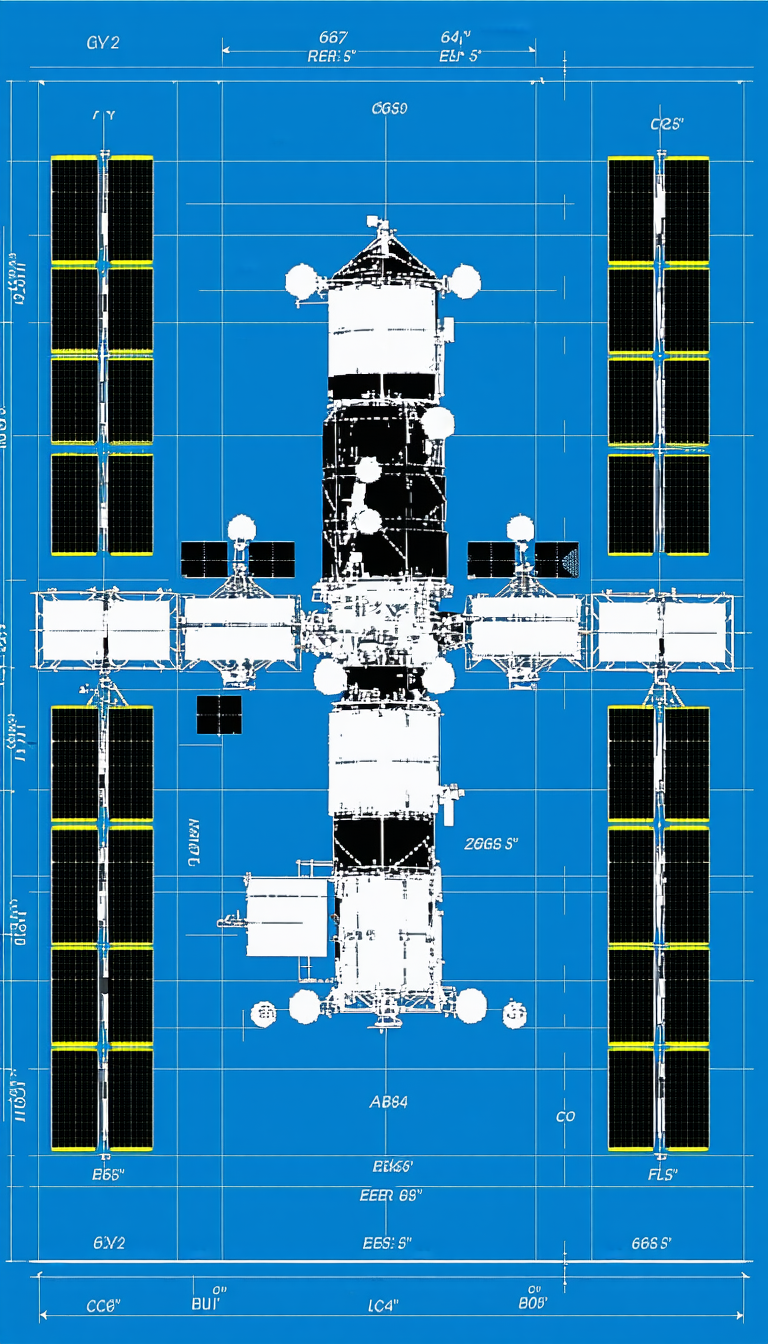 A Blue And White Drawing Of A Space Station Is Displayed