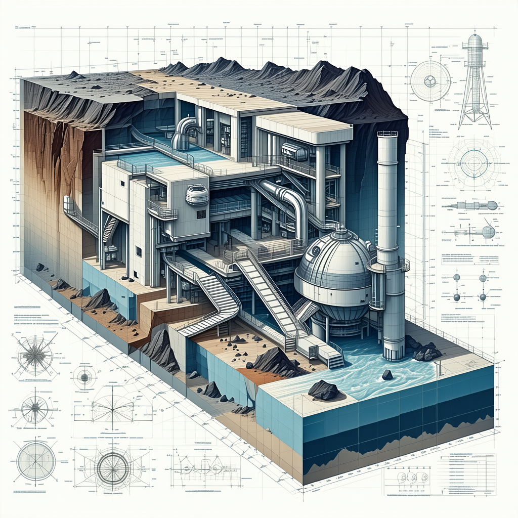 A Large, Intricate Drawing Of A Factory Is Displayed On A White Background