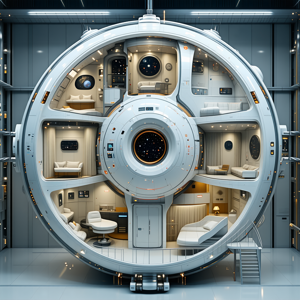 A Large, White, Circular Spacecraft With A Variety Of Rooms And Features