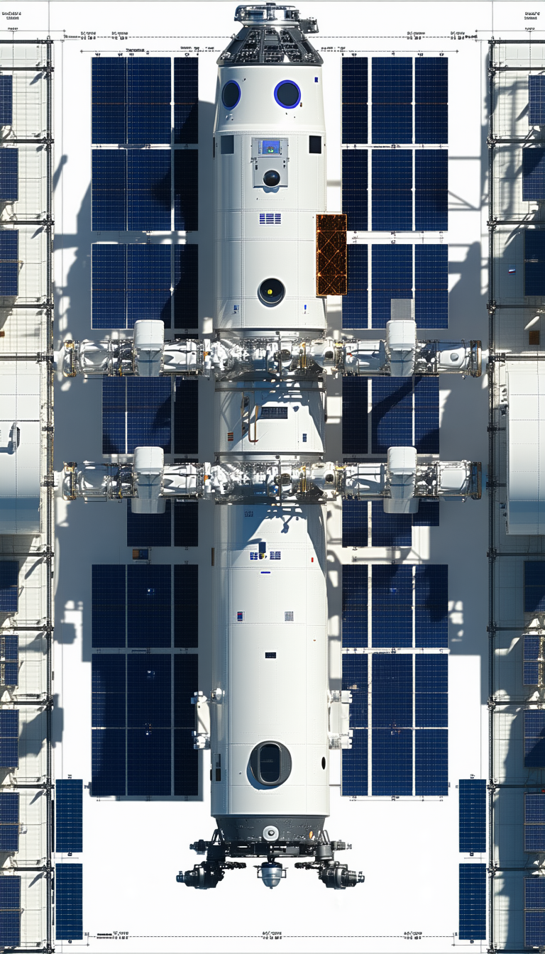 A Large Space Station With A White And Blue Color Scheme