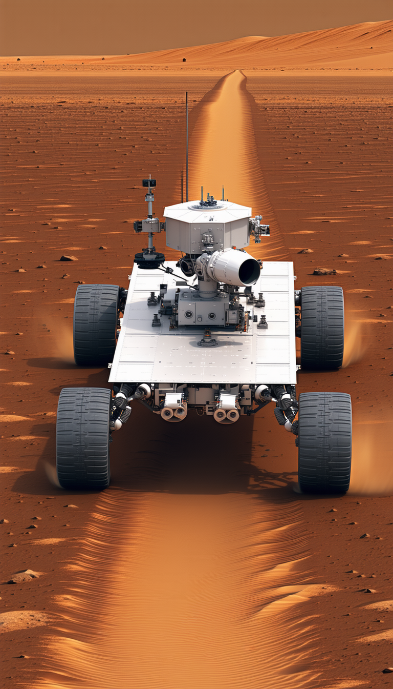 A White Robotic Vehicle Is Driving On A Dirt Road