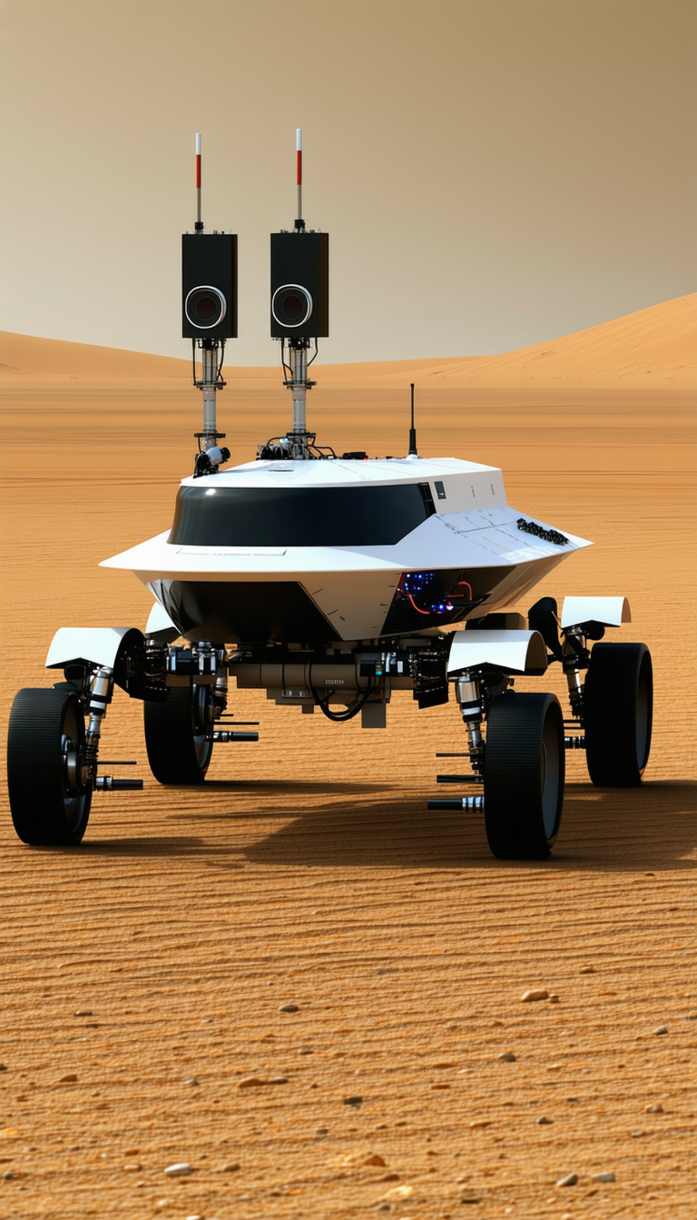 A White Vehicle With A Large Speaker On Top Of It, Driving Across A Desert-like Terrain