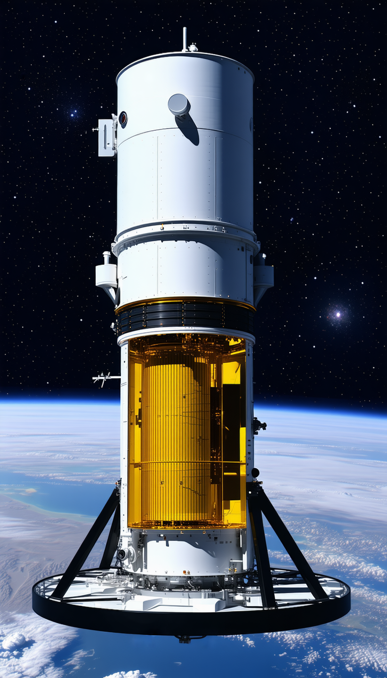 A Large White Spacecraft With A Yellow And Orange Interior, Floating In The Sky