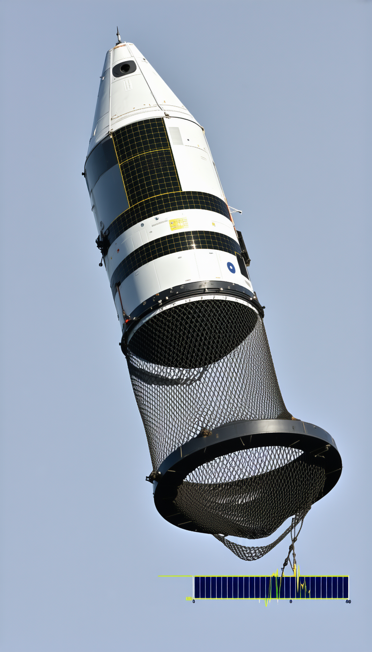 A Large Satellite Dish Is Suspended In The Air, With A Large Black Mesh Covering It