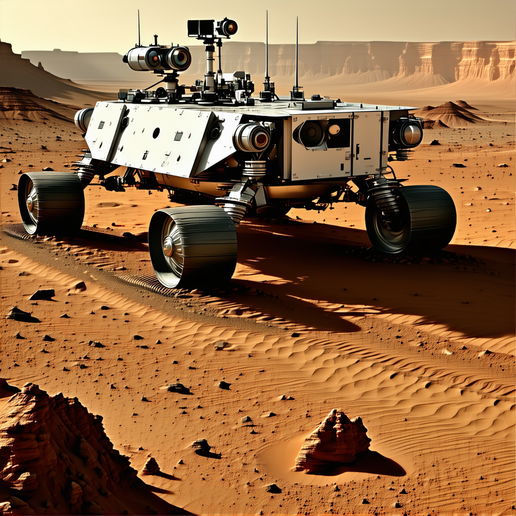 A White Robotic Vehicle Is Driving Across A Desert Landscape
