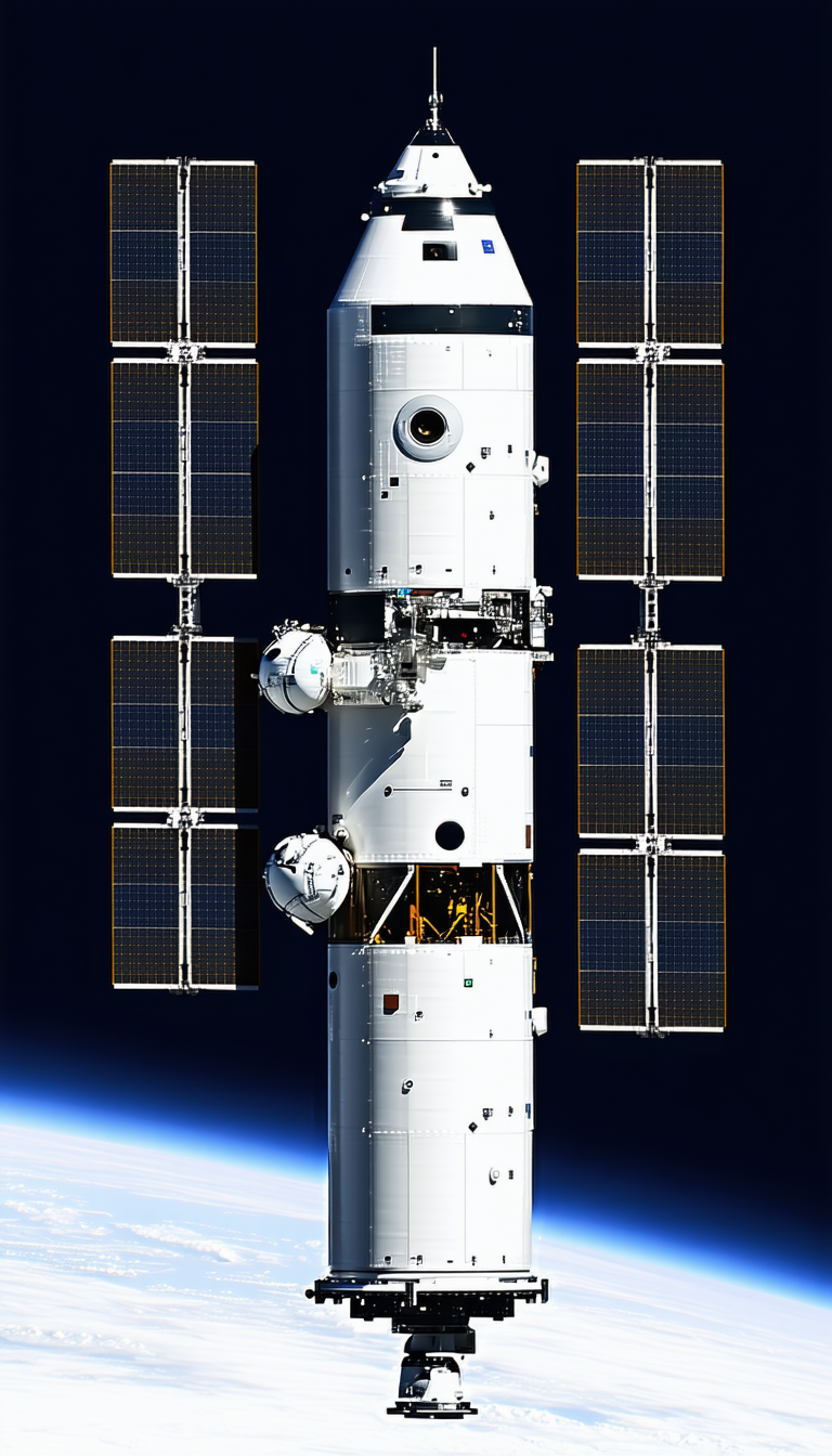 A Large White Spacecraft With A Dome On Top, Docked At A Space Station