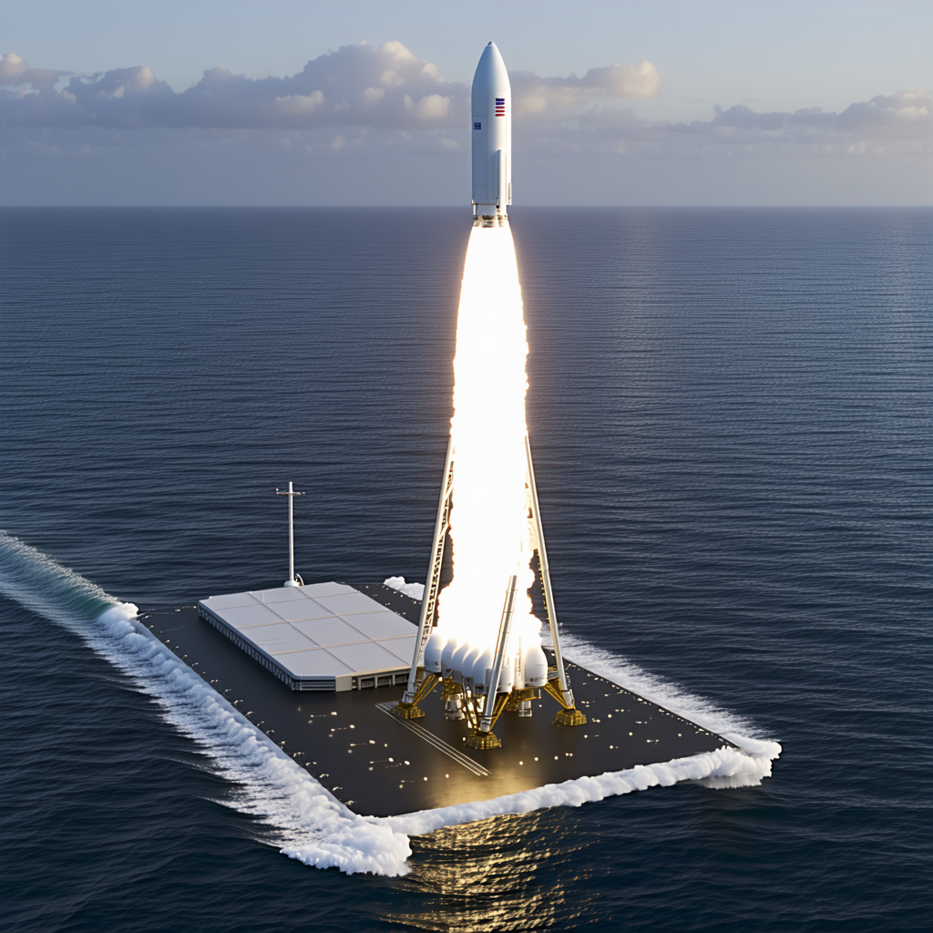 A Large Rocket Ship Is Being Launched From A Boat In The Ocean