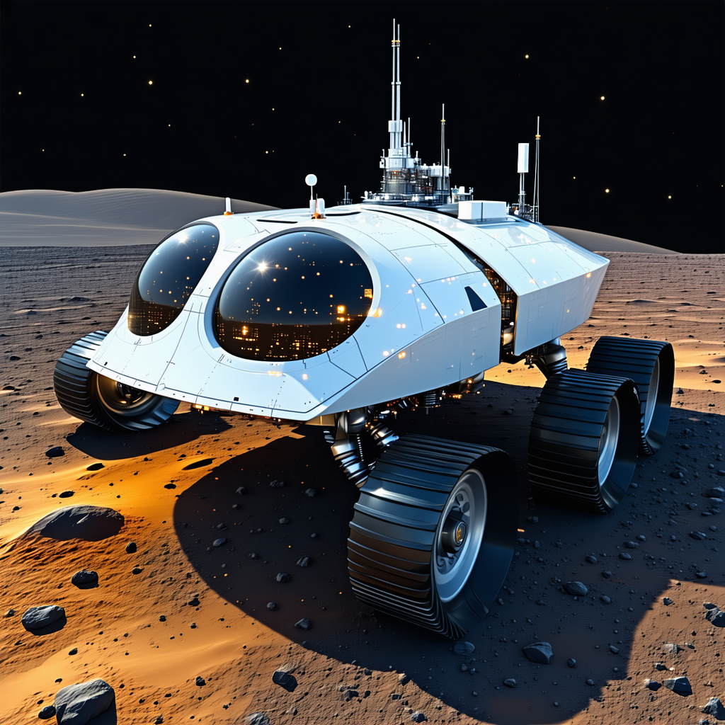 A Futuristic Vehicle, Possibly A Spacecraft Or A Rover, Parked On A Rocky Surface
