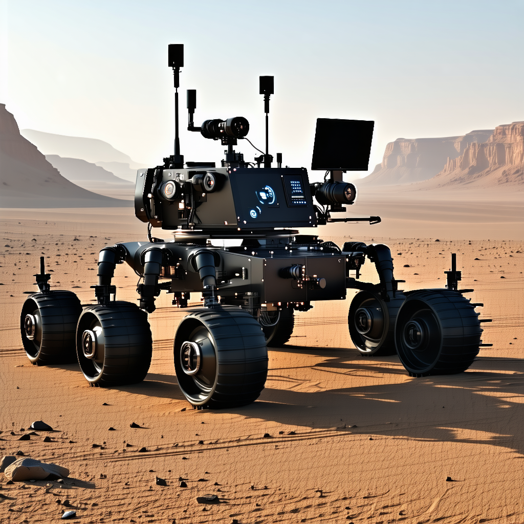 A Large Robotic Vehicle, Possibly A Tank, Parked In A Desert-like Environment