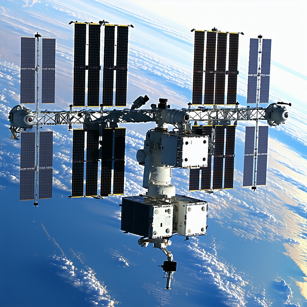 A Space Shuttle Is Flying Through The Sky, With A Large Satellite Attached To The Bottom Of It