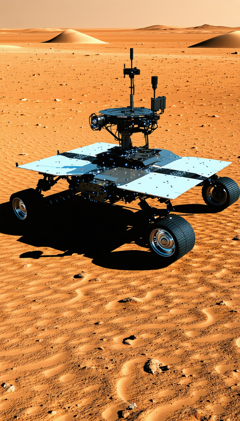 A Large, Four-wheeled Robotic Vehicle, Possibly A Rover, Driving Across A Sandy Terrain