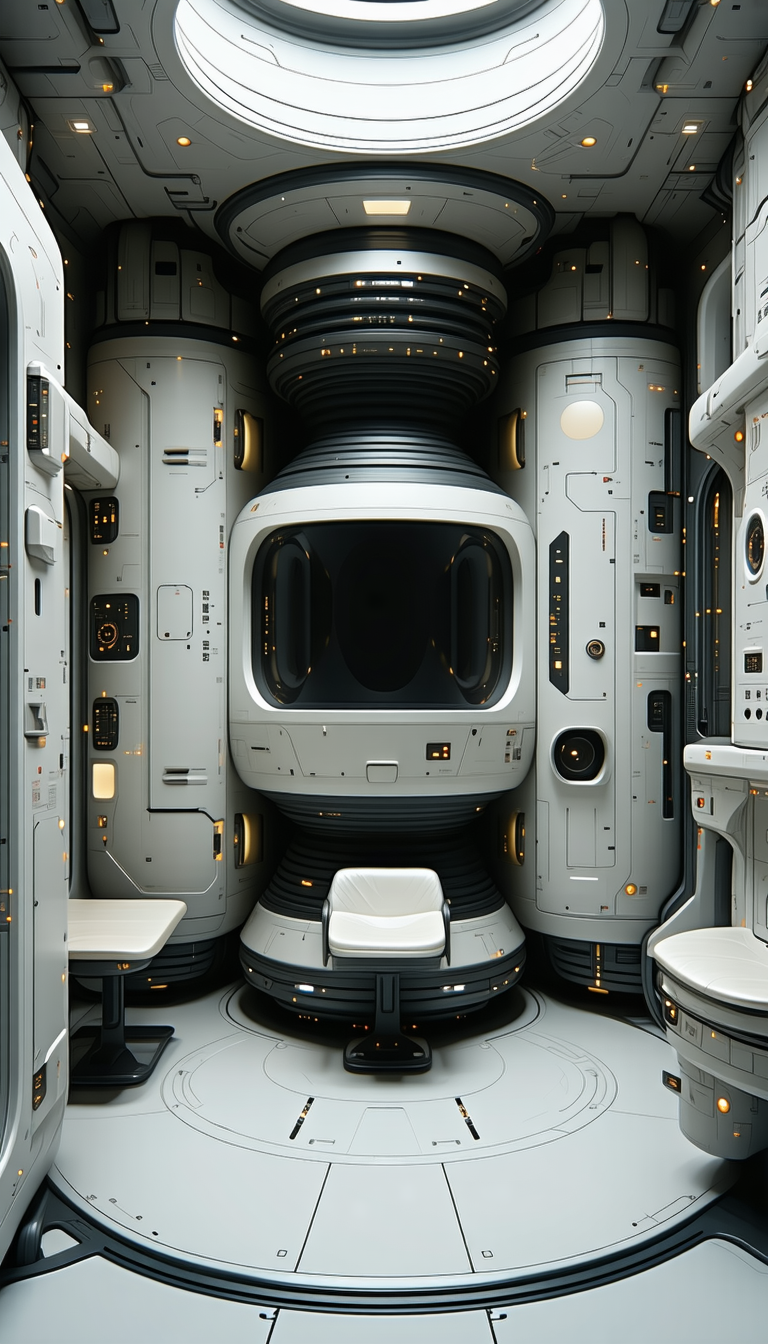 In The Image, There Is A Large White Room With A Futuristic Design