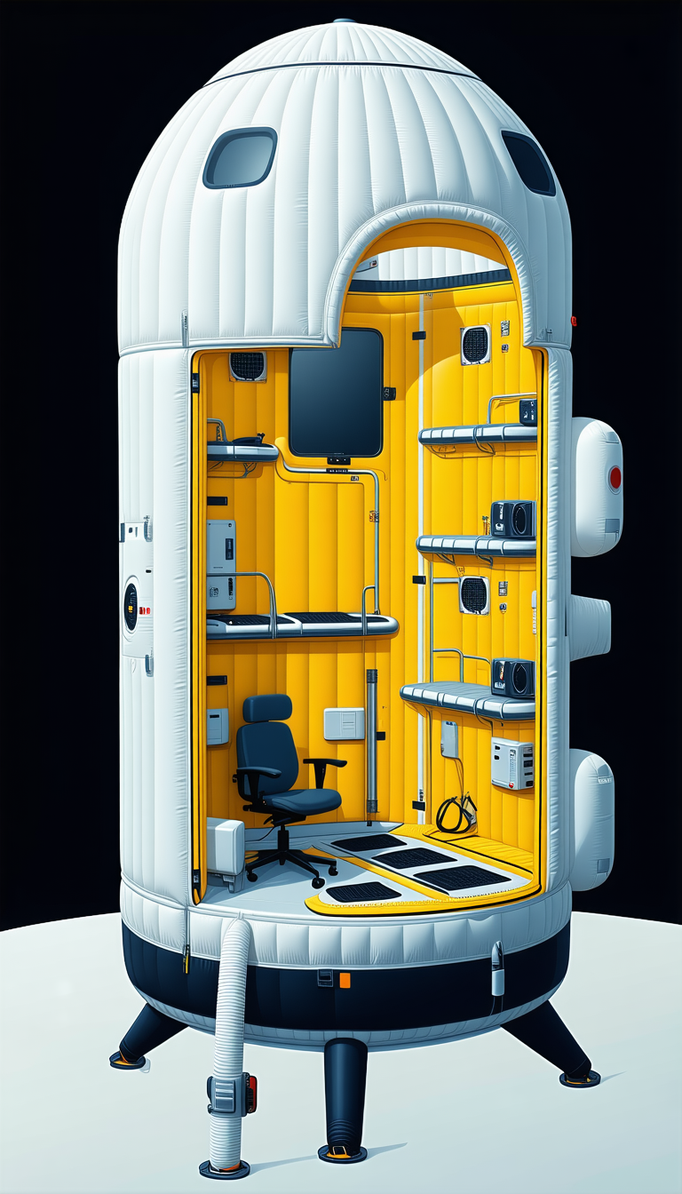 In The Image, There Is A Large, Yellow, And White Spacecraft With A Room Inside