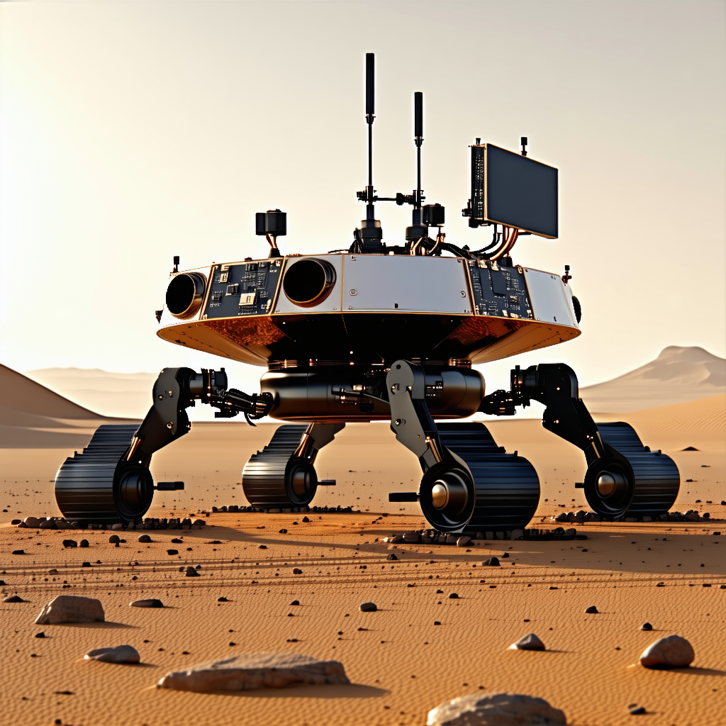 A Large Robotic Vehicle Is Sitting On A Rocky Surface, Possibly A Desert