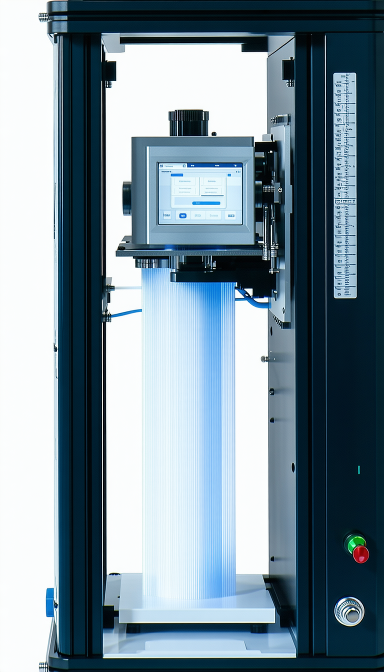 A Large Machine Is Sitting In A Room, With A Blue Light Shining From It