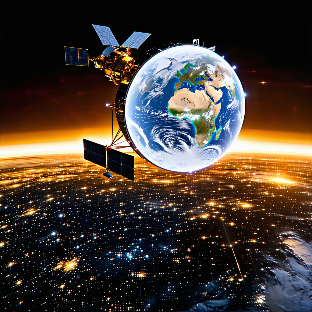 A Space Satellite With A Large Dish On Top, Flying Over A Beautiful Blue Planet