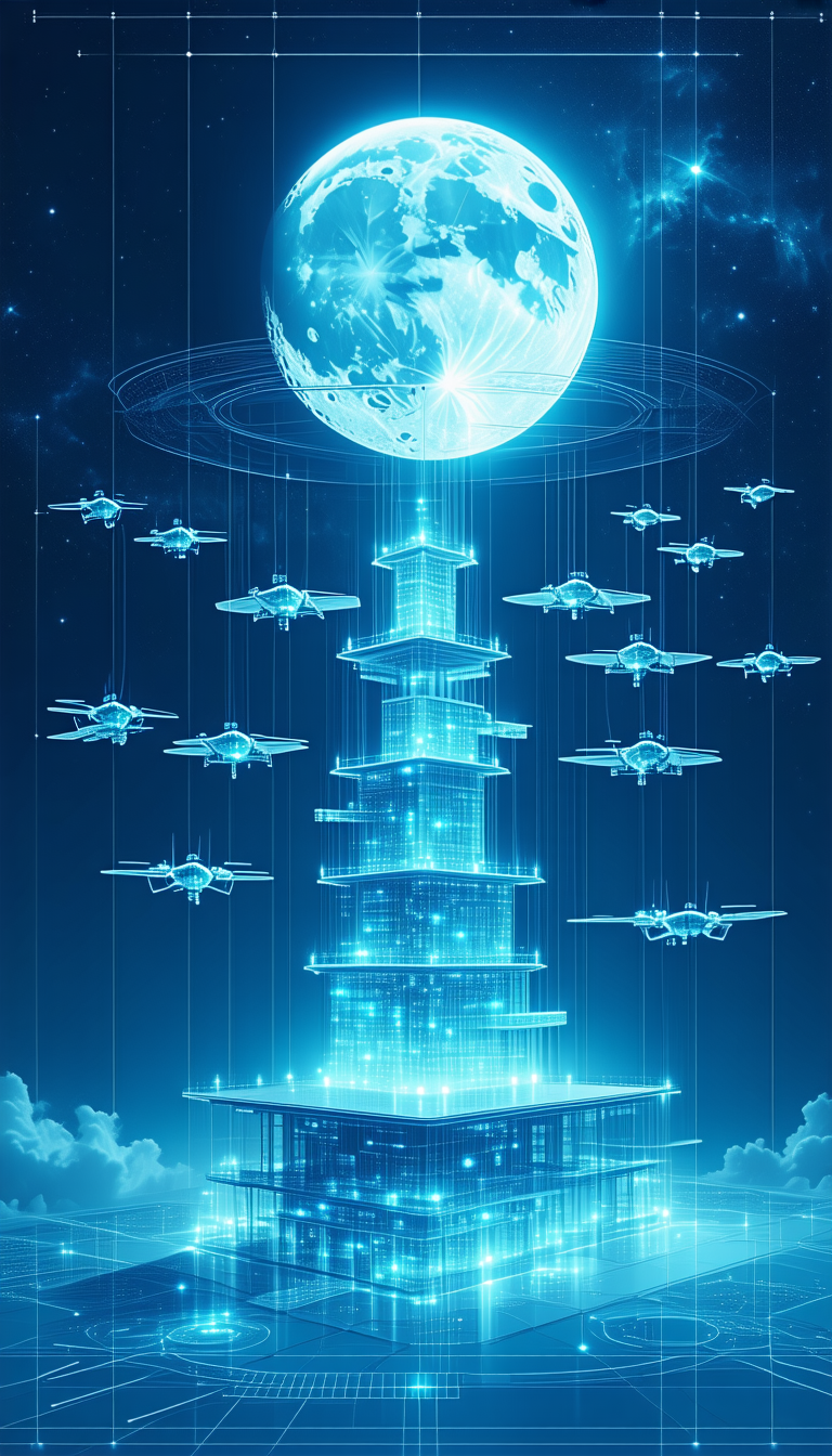 In This Image, There Is A Large Tower With A Blue Glow, Surrounded By A Group Of Airplanes