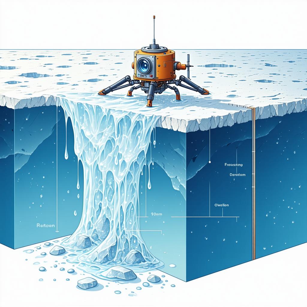 A Small Robot Is Sitting On A Piece Of Ice, Which Is Located On A Frozen Surface