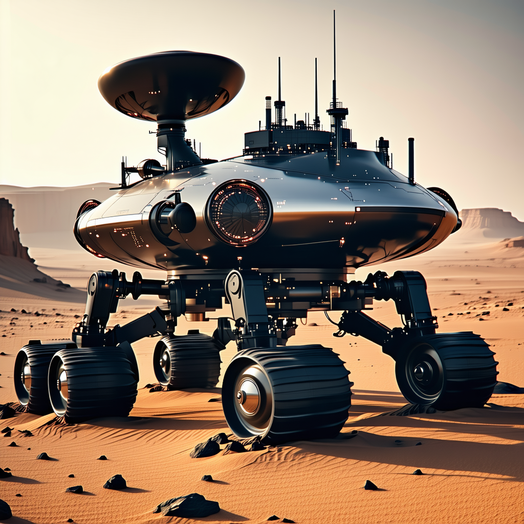 A Large, Futuristic-looking Vehicle With A Dome-shaped Top, Parked In A Desert-like Environment