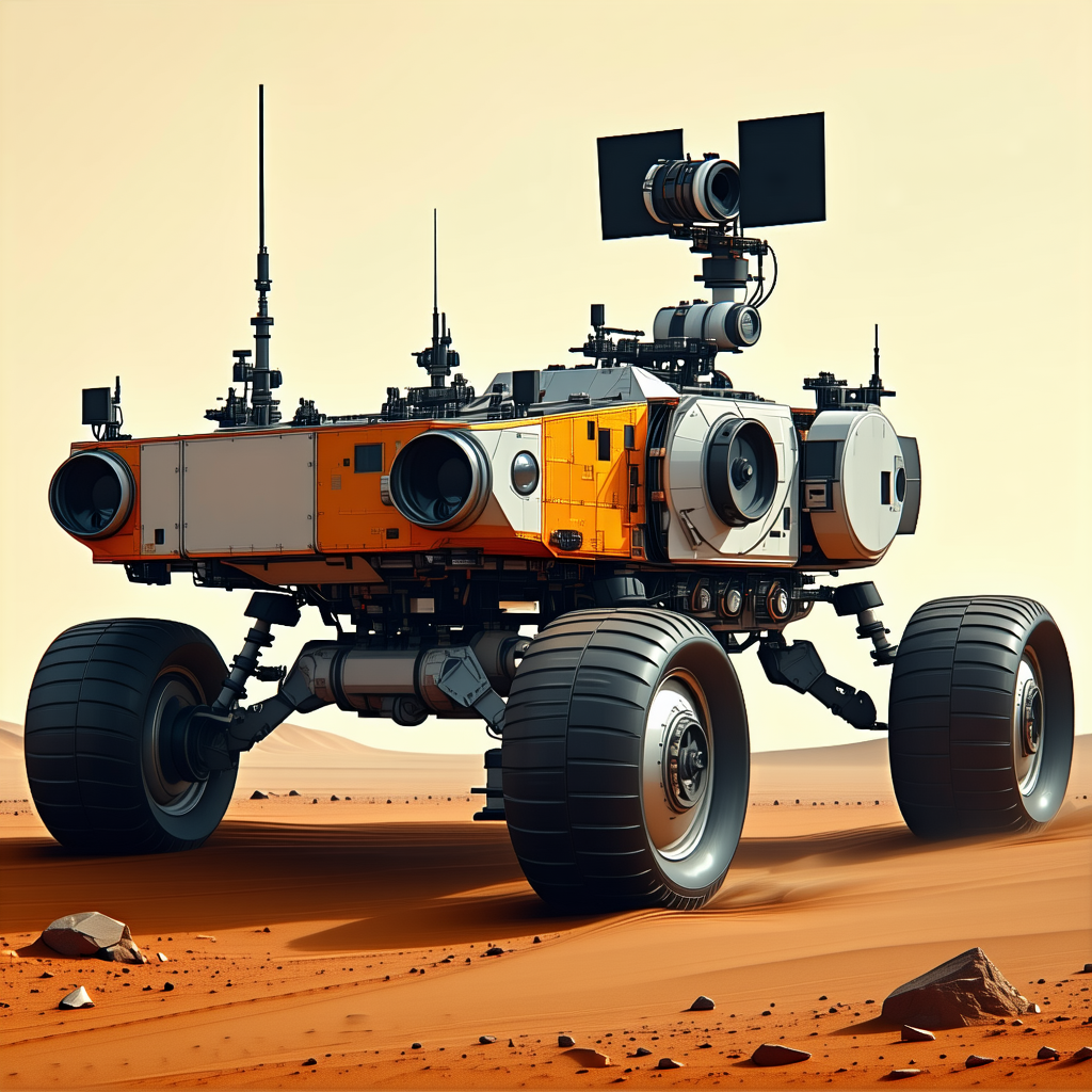 A Large Robotic Vehicle Is Driving Across A Desert Landscape