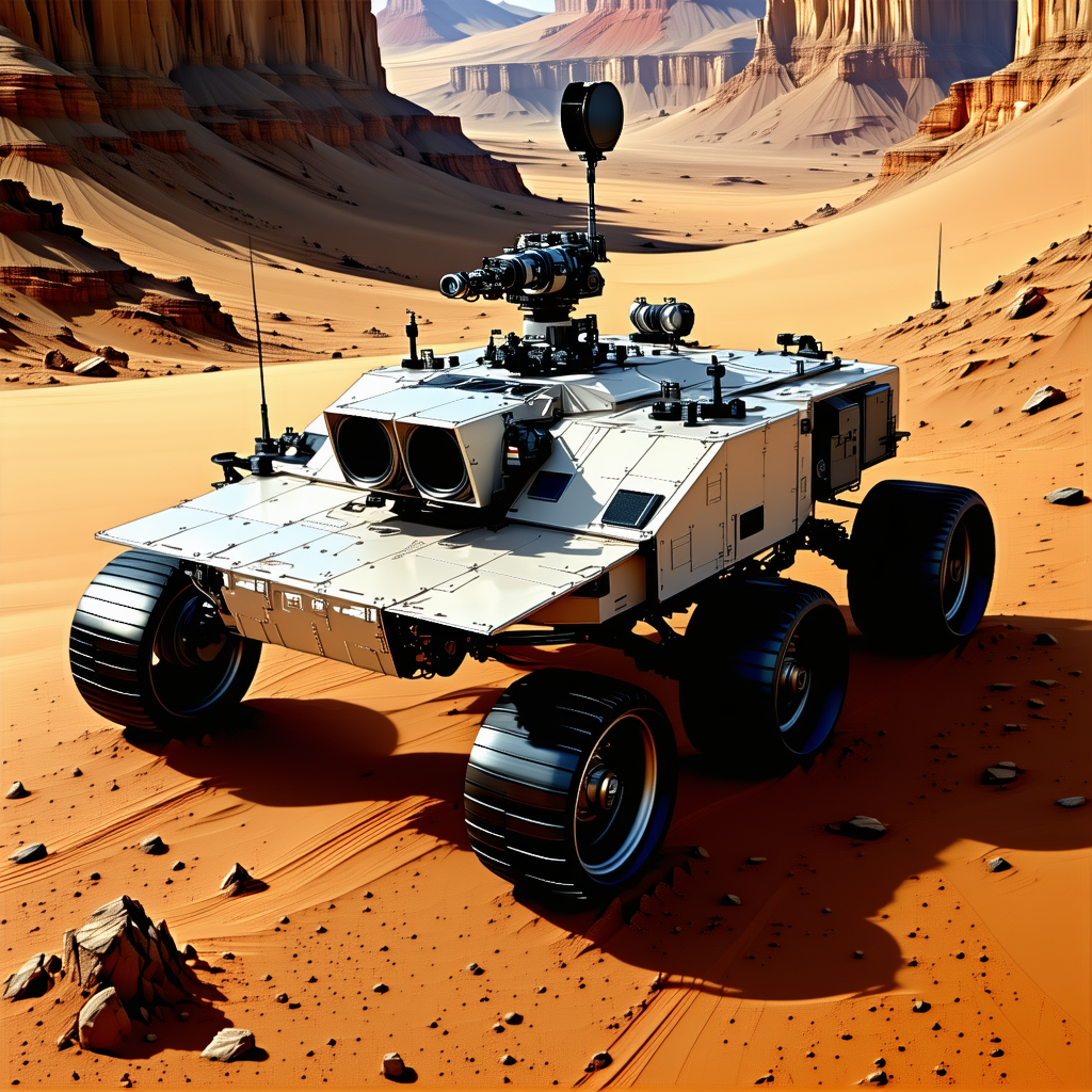 A Futuristic Vehicle, Possibly A Tank Or A Robot, Parked In A Desert-like Environment