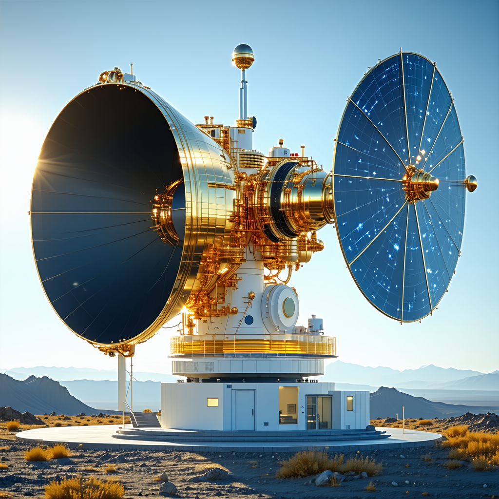 A Large, Gold-colored Satellite Dish With A Blue And White Background