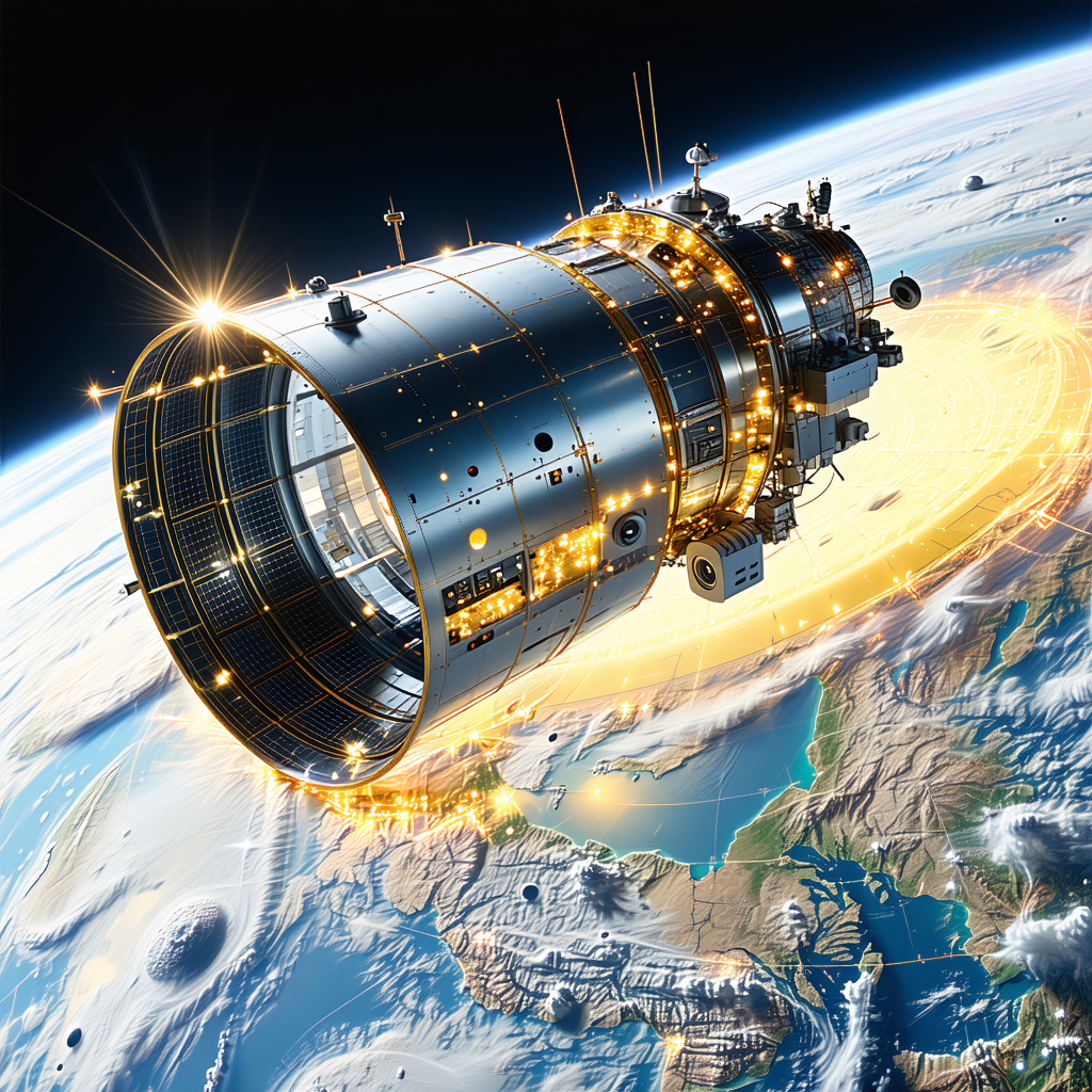 A Space Shuttle Flying Through The Air, With A Bright Light Illuminating The Scene
