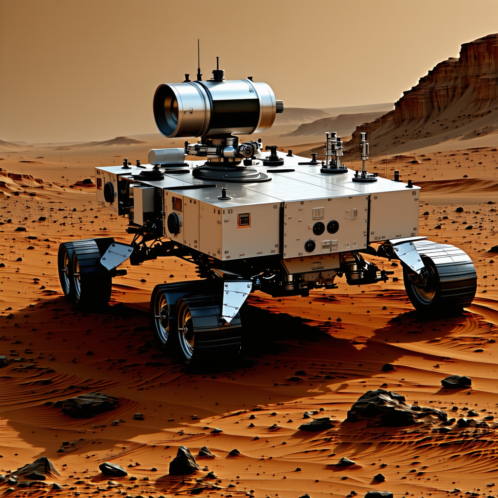 A Large Robotic Vehicle, Possibly A Rover, Sitting On A Dirt Surface