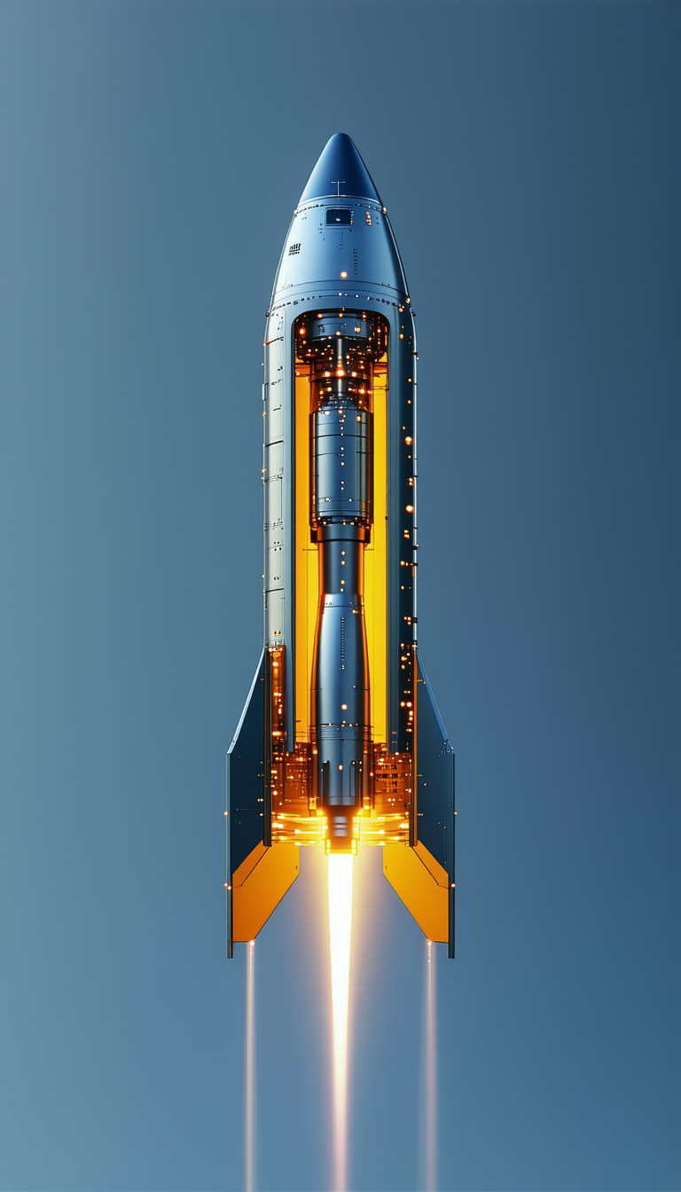 A Rocket Is Shown In A Close-up View, With Its Engine Lit Up