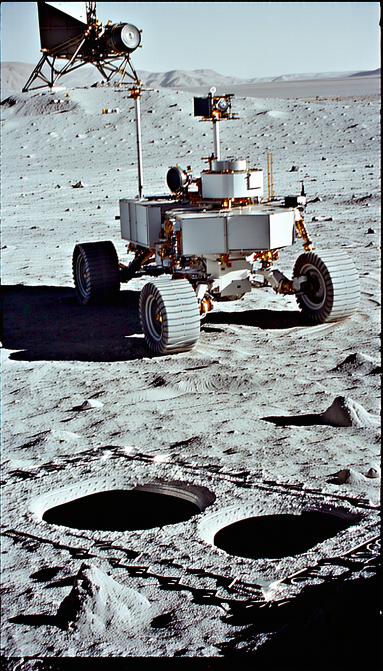 A White Robotic Vehicle, Possibly A Rover, Parked On A Rocky Surface