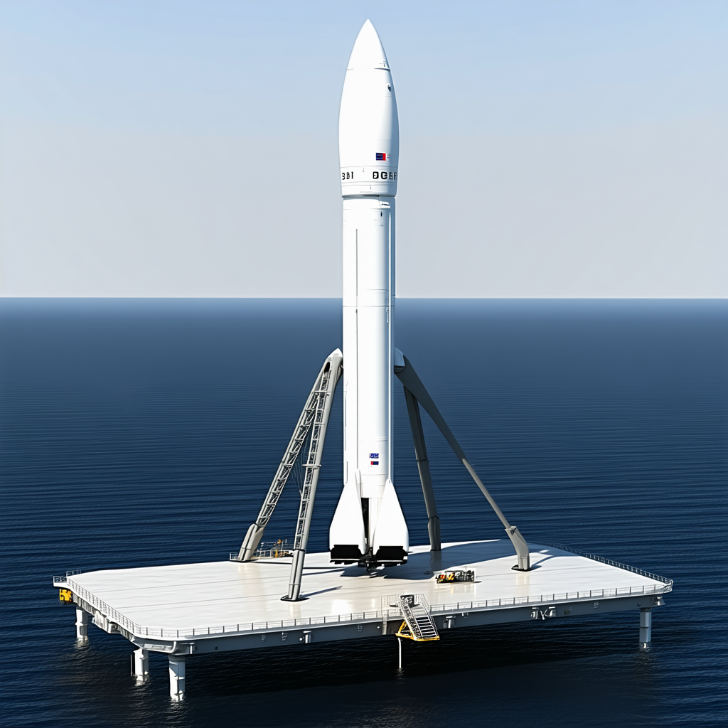 A Large White Rocket Ship Floating On A Platform In The Ocean