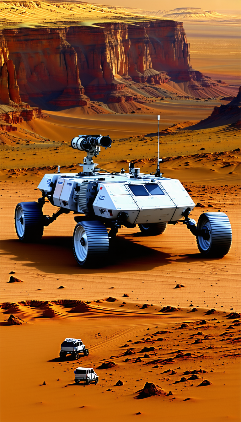 A Futuristic Robotic Vehicle, Possibly A Tank Or A Rover, Driving Across A Desert-like Terrain