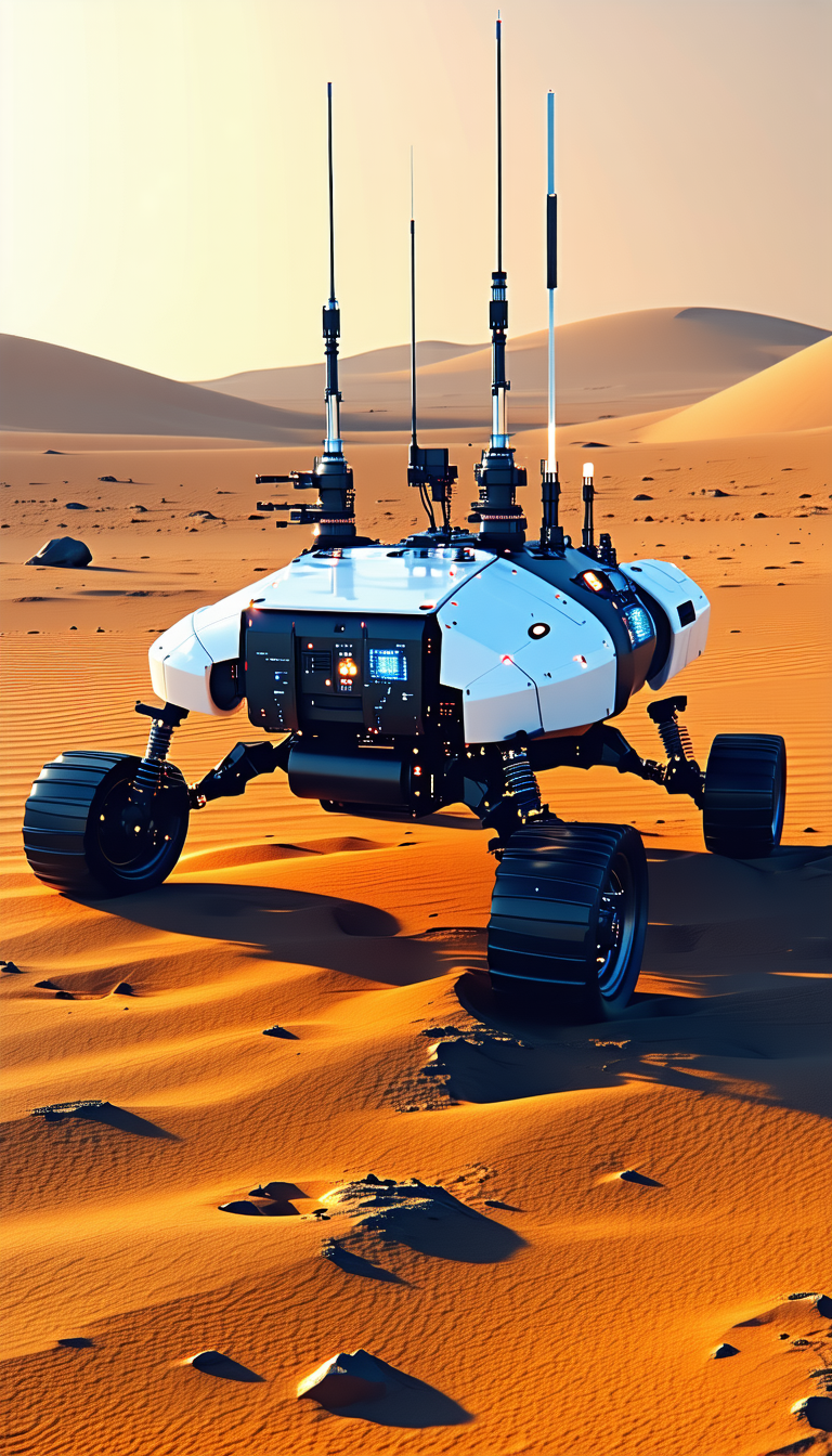 A White Robotic Vehicle With Four Wheels, Driving Across A Sandy Terrain