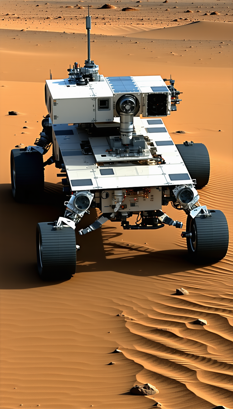 A Large Robotic Vehicle, Possibly A Rover, Driving Across A Sandy Terrain