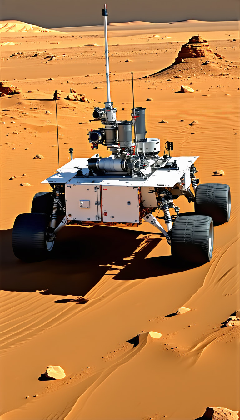 A Large, White, And Silver Robotic Vehicle, Possibly A Rover, Driving Across A Sandy Terrain
