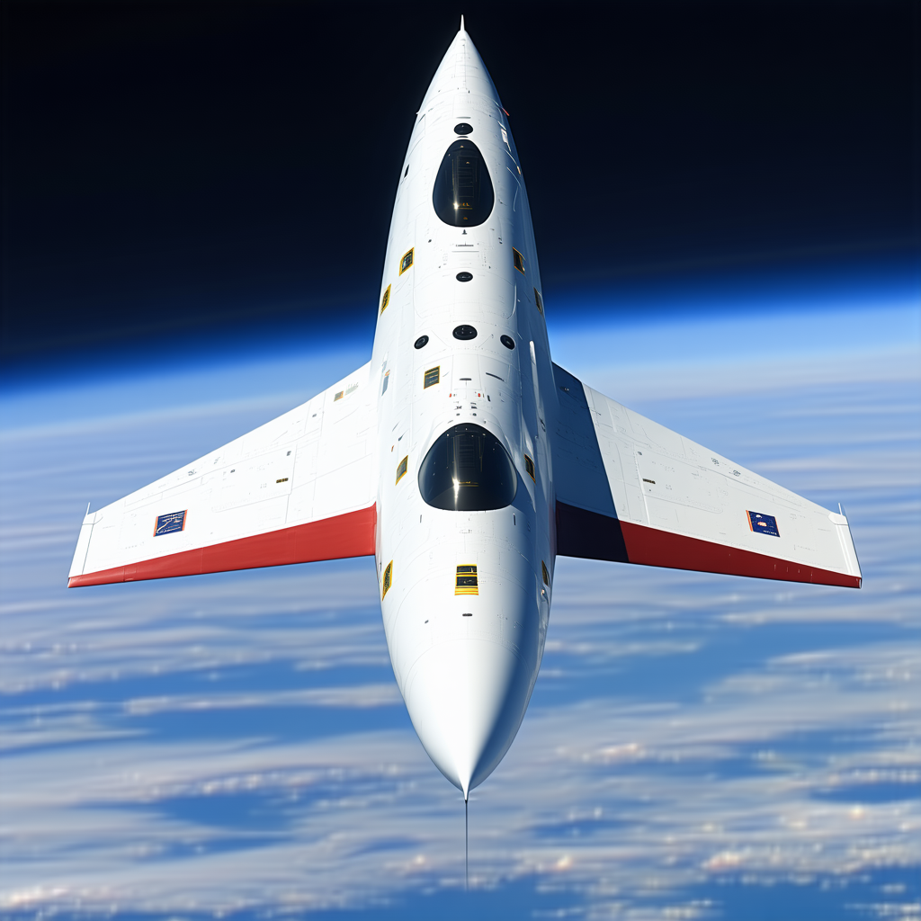 A White Space Shuttle Is Flying Through The Sky, With A Red Stripe On The Side