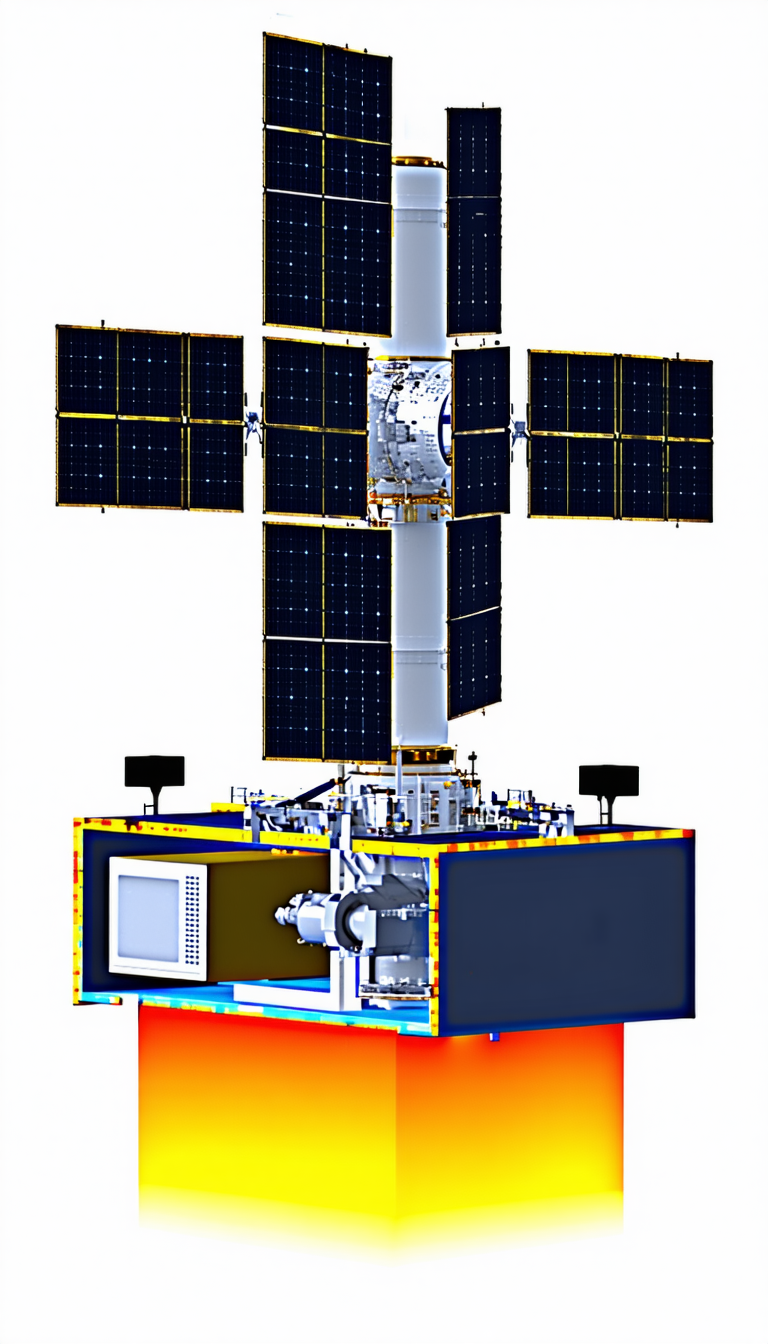 A Large Satellite With A Blue And White Color Scheme