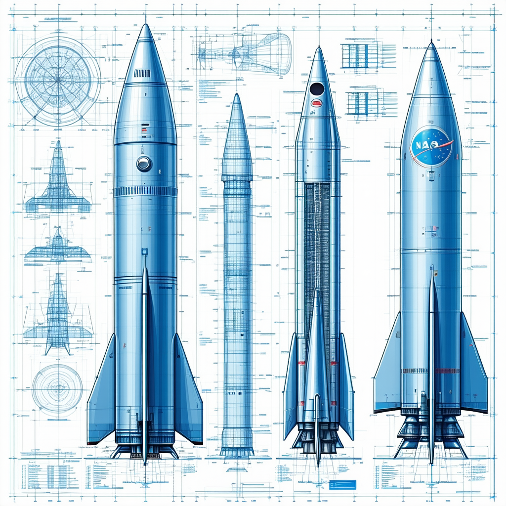 A Blue Rocket Ship Is Shown In A Drawing, With A Smaller Rocket Ship Next To It